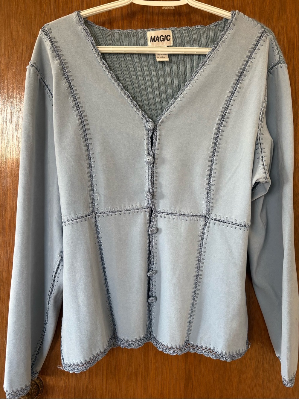 Women's Light Blue V-Neck Faux Suede and Knit Button Cardigan Sweater